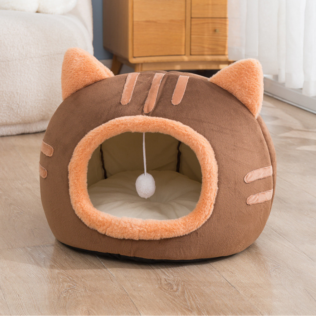 Cueva de cama para gatos con forma de gato de felpa