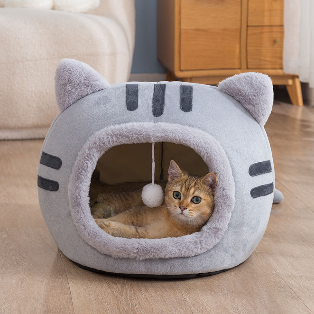 Cueva de cama para gatos con forma de gato de felpa