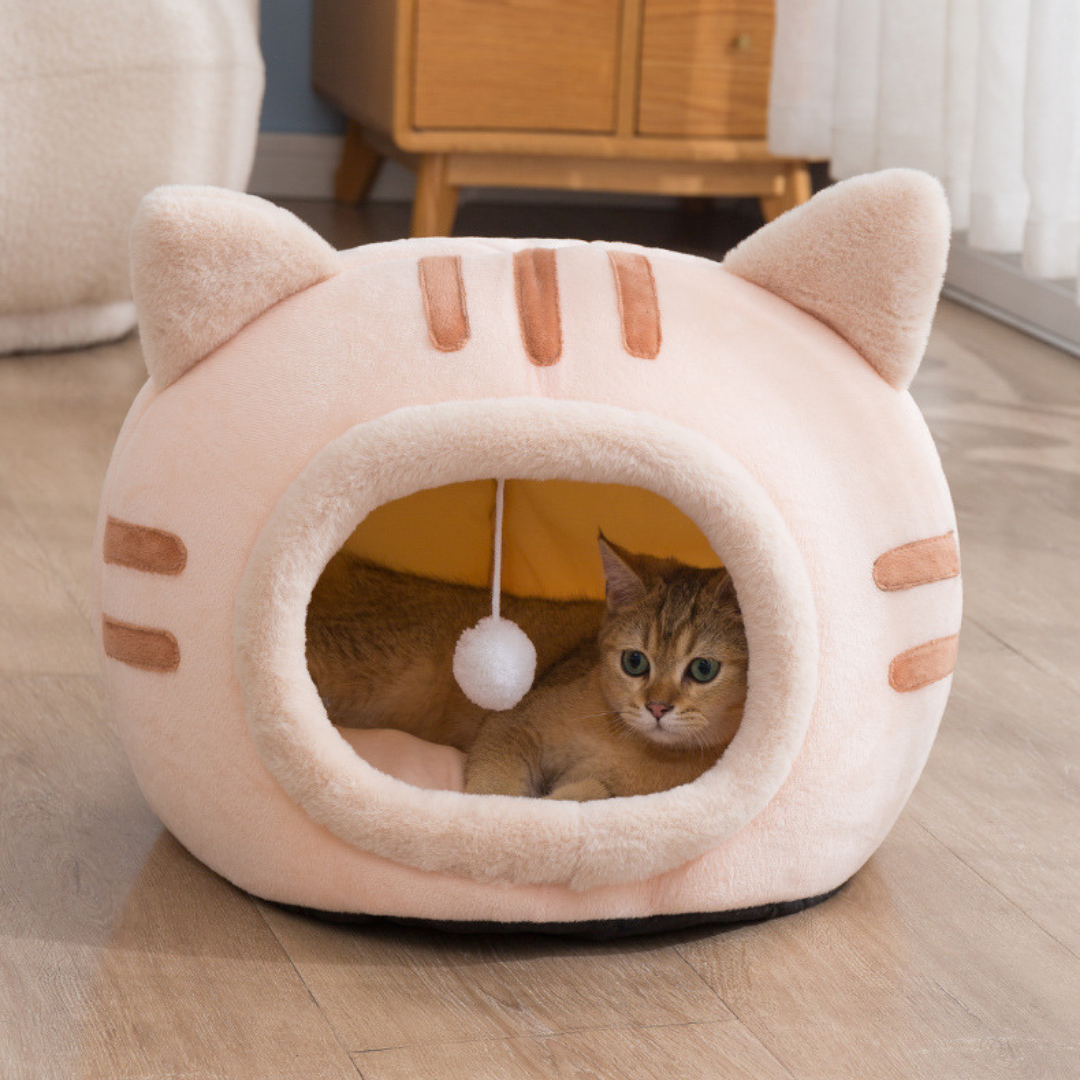 Cueva de cama para gatos con forma de gato de felpa